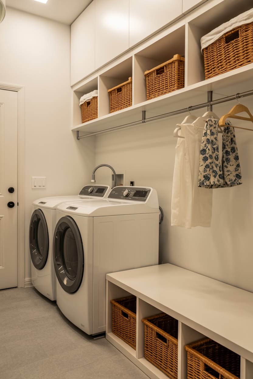 Clean white laundry closet with top load machines and open shelving featuring woven baskets and hanging rod