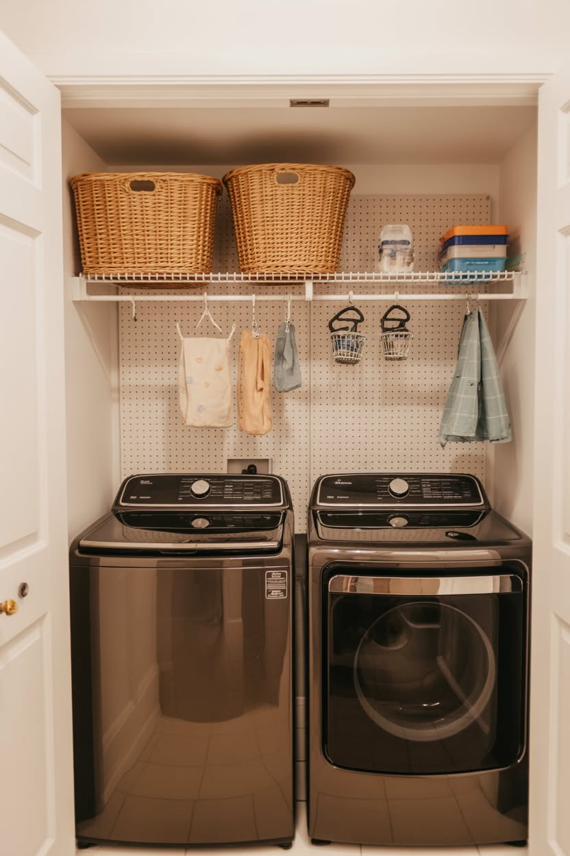 Modern laundry closet with black top load washer and dryer featuring pegboard wall and woven basket storage