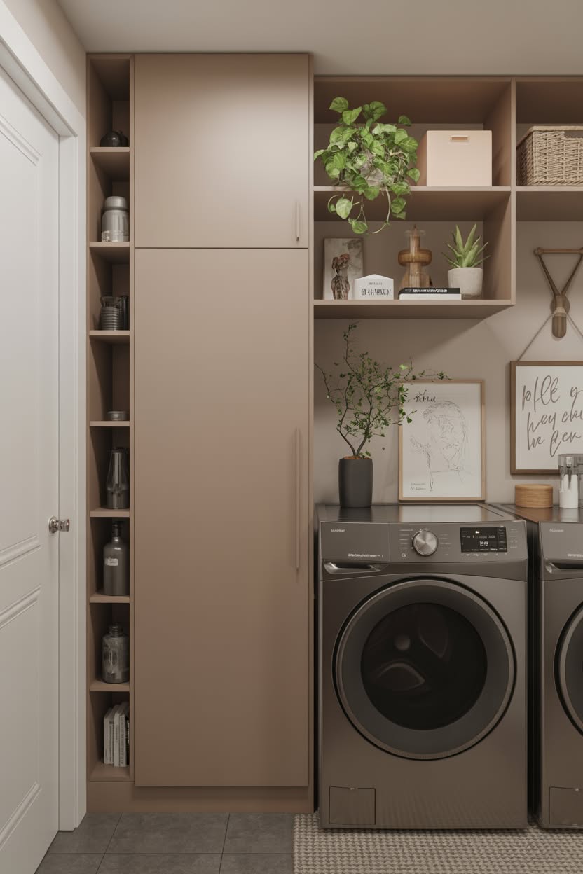 Modern laundry room with taupe cabinets gray front load machines and decorative plants on open shelves