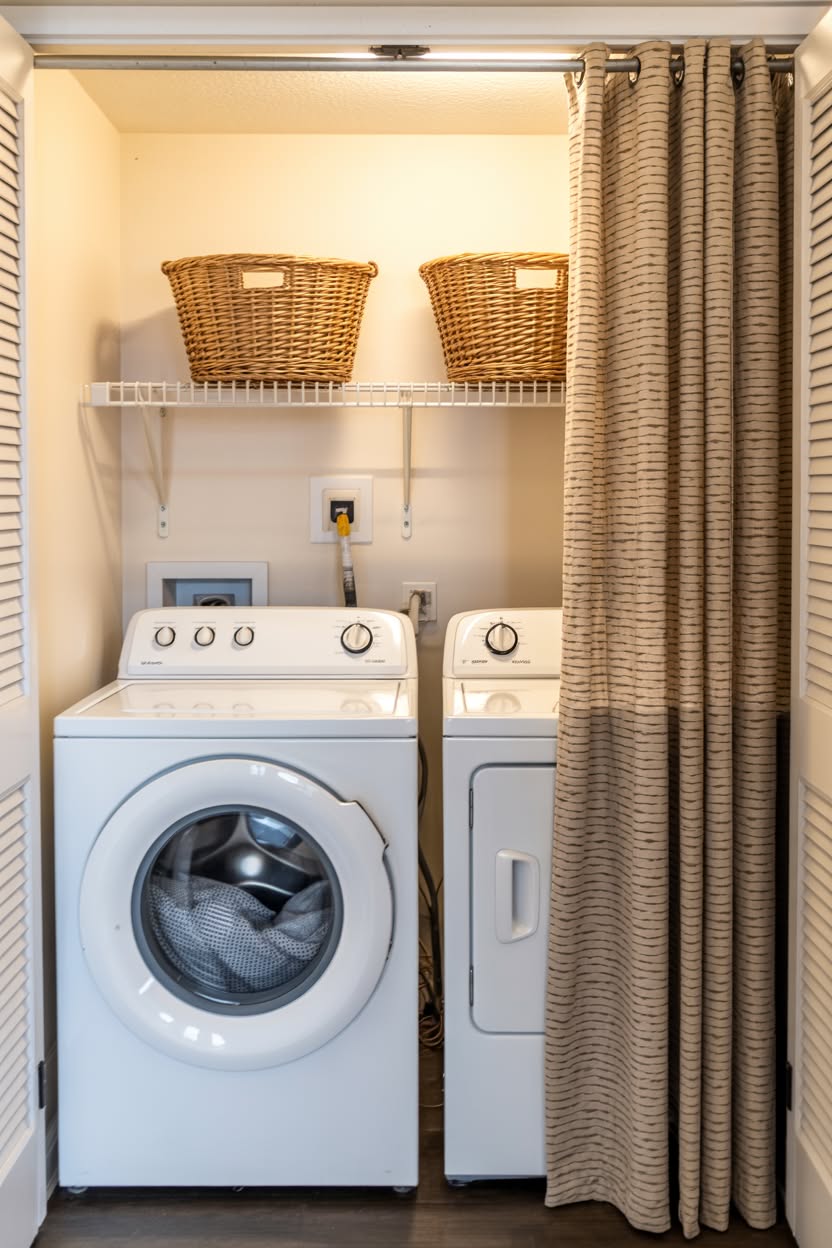 Small laundry closet with white top load washer and dryer hidden behind striped curtain with woven basket storage