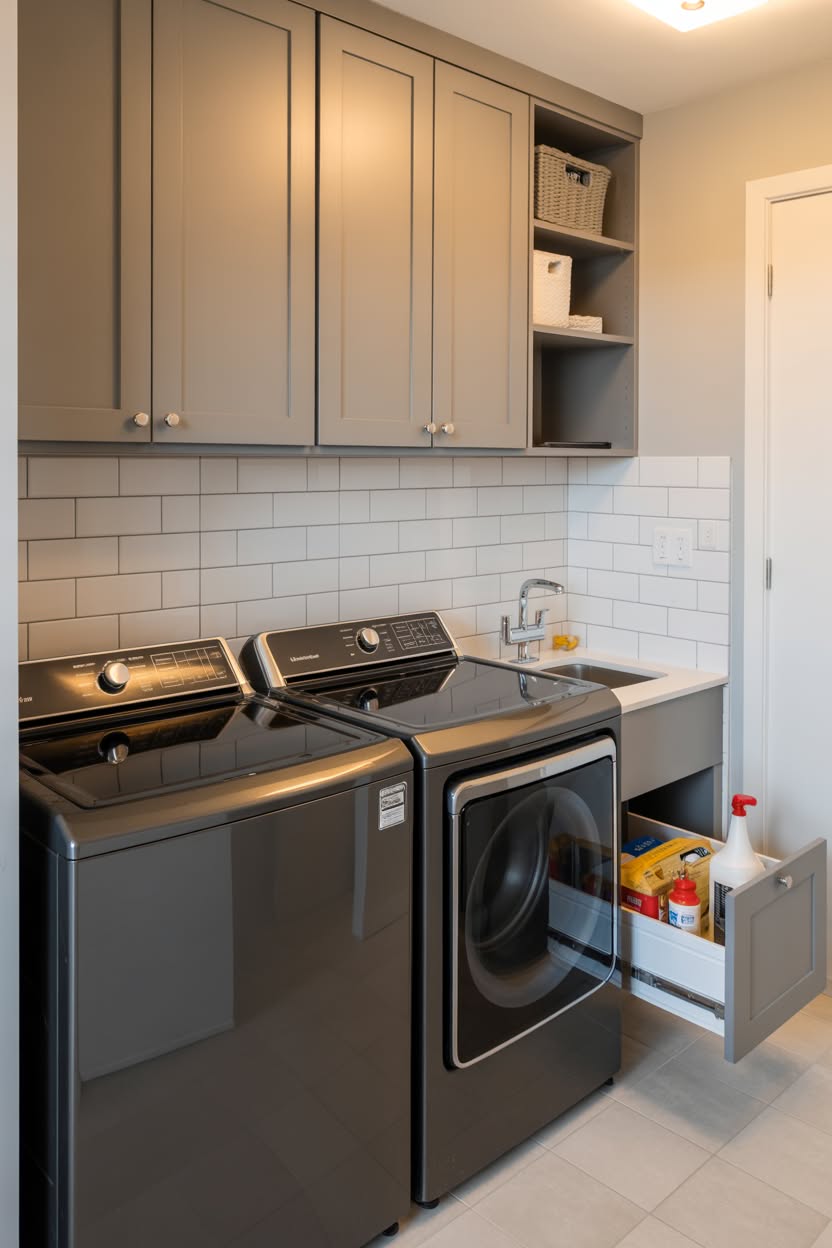 Gray laundry room with subway tile backsplash black top load machines and upper cabinet storage