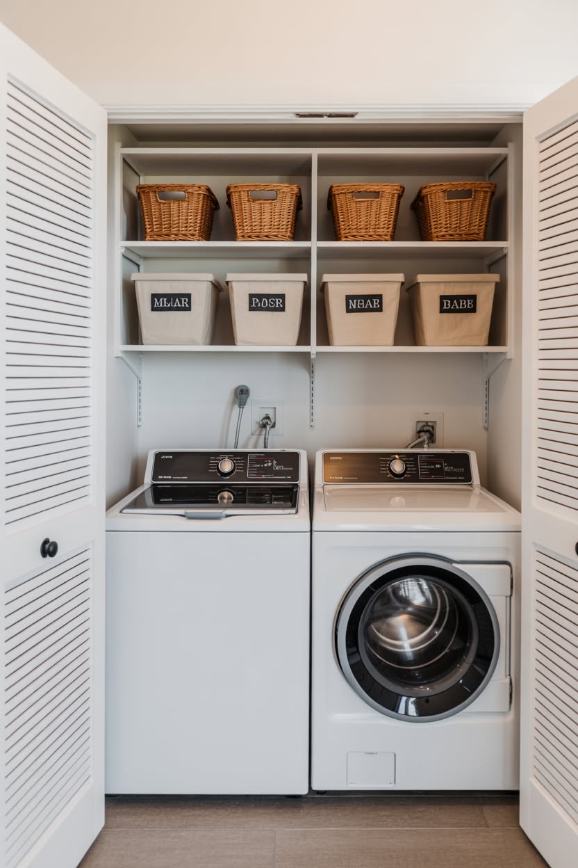 White laundry closet with louvered doors featuring labeled sorting bins and woven basket organization