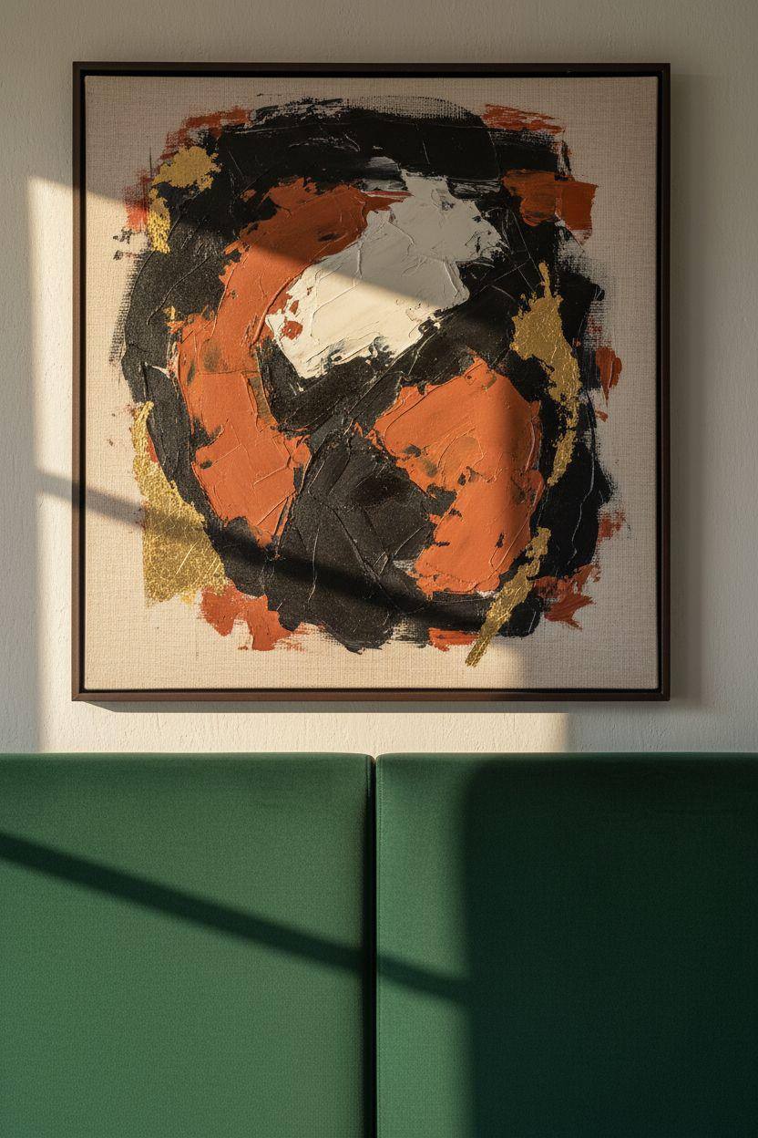 Boutique hotel bedroom Ideas - abstract art above velvet headboard