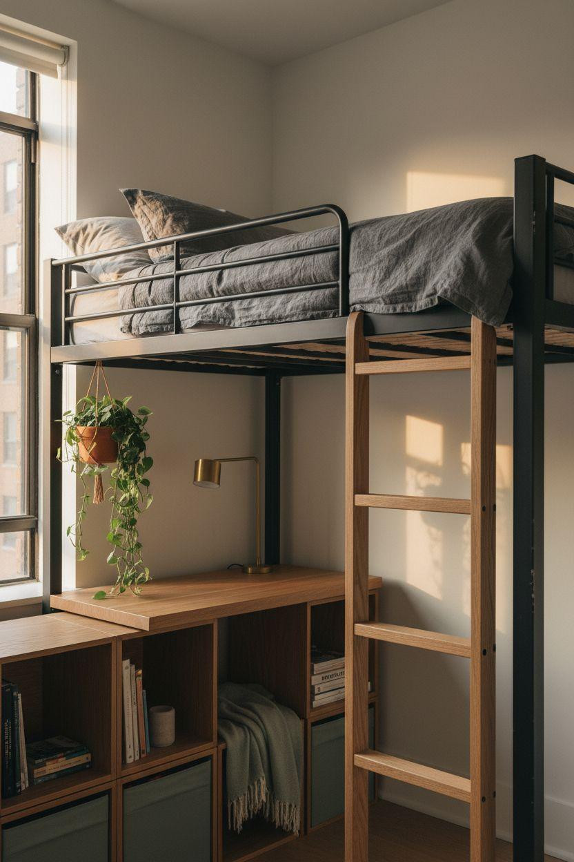 Loft Bed Decorating Ideas - matte black steel adult loft bed in urban bedroom