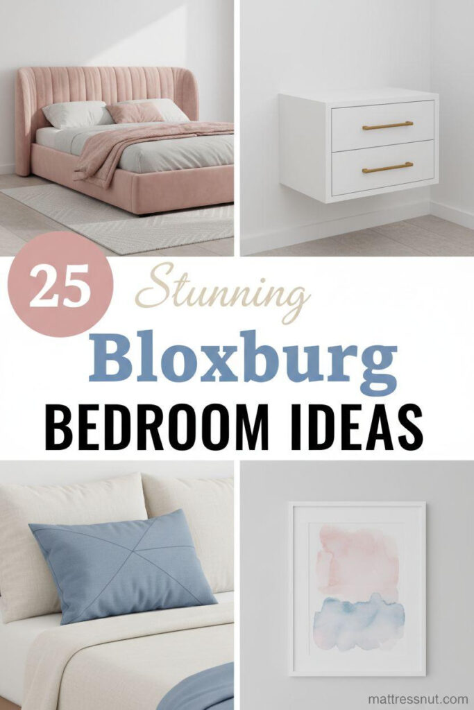 Pinterest board cover with circular blush pink badge showing '25' in white bold text, overlaid with 'Stunning' in cream cursive, 'Bloxburg' in powder blue bold, and 'BEDROOM IDEAS' in black caps. Asymmetric collage of modern platform bed with pink velvet headboard, white floating nightstand with brass handles, blue geometric pillow on ivory bedding, and minimalist pink-blue watercolor wall art on cloud white background.