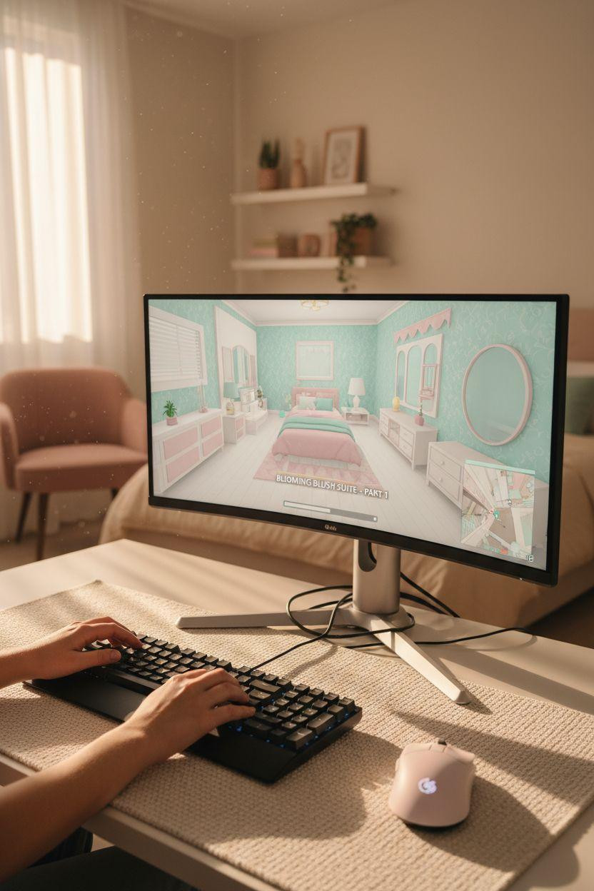 Bloxburg Bedroom Ideas - gaming setup with tutorial screen