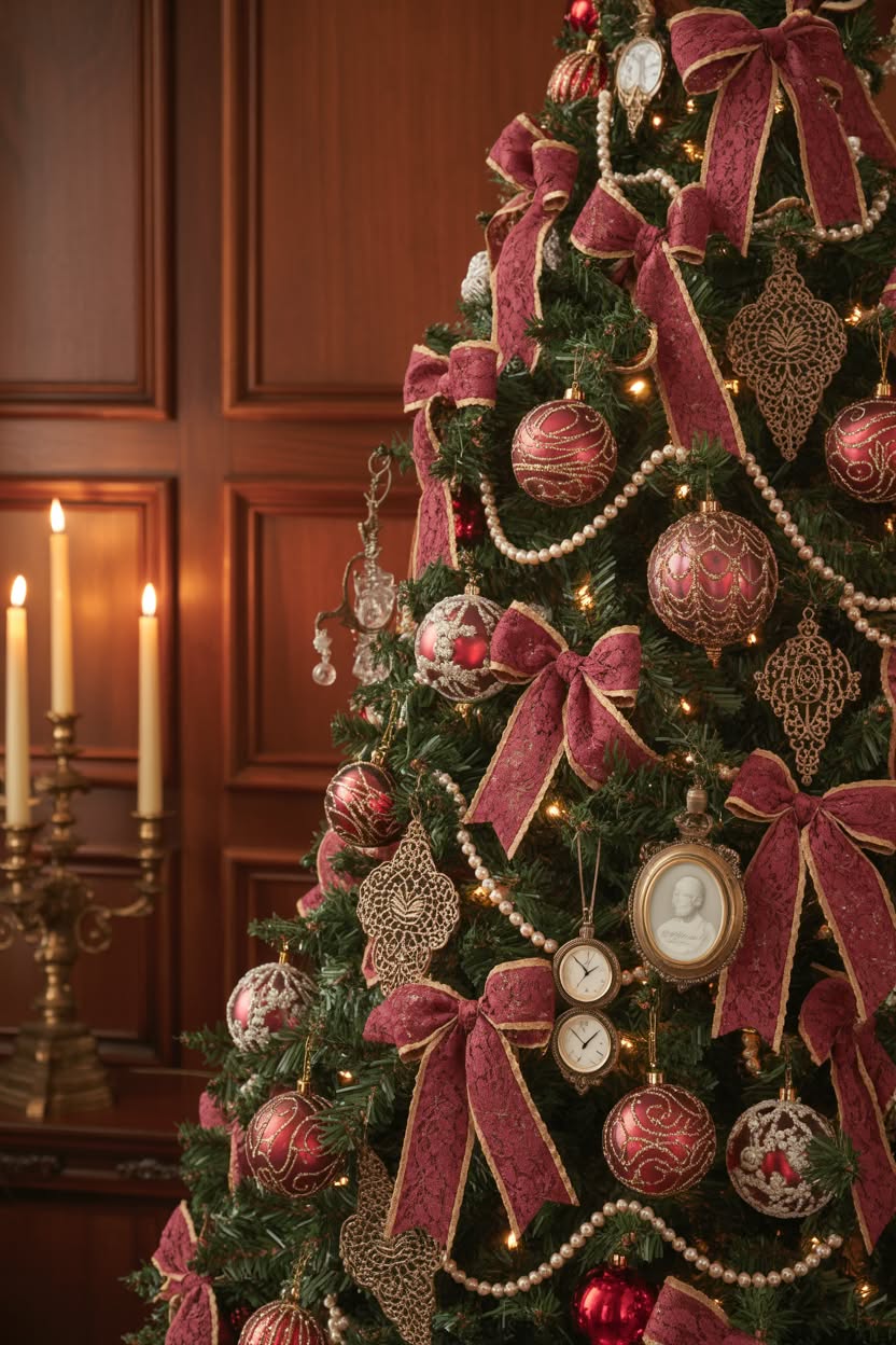 luxurious Christmas tree decorated with burgundy velvet bows, ornate gold ornaments, pearl garland, vintage portrait ornaments and crystal decorations
