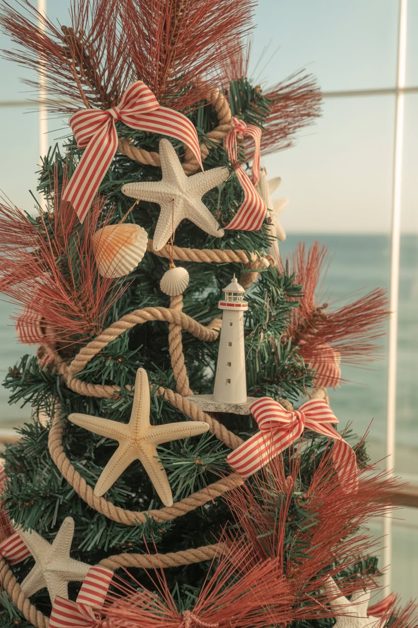 festive red Christmas tree decorated with gingerbread men, candy canes, colorful ornaments, red and green ribbons and adorable robin birds