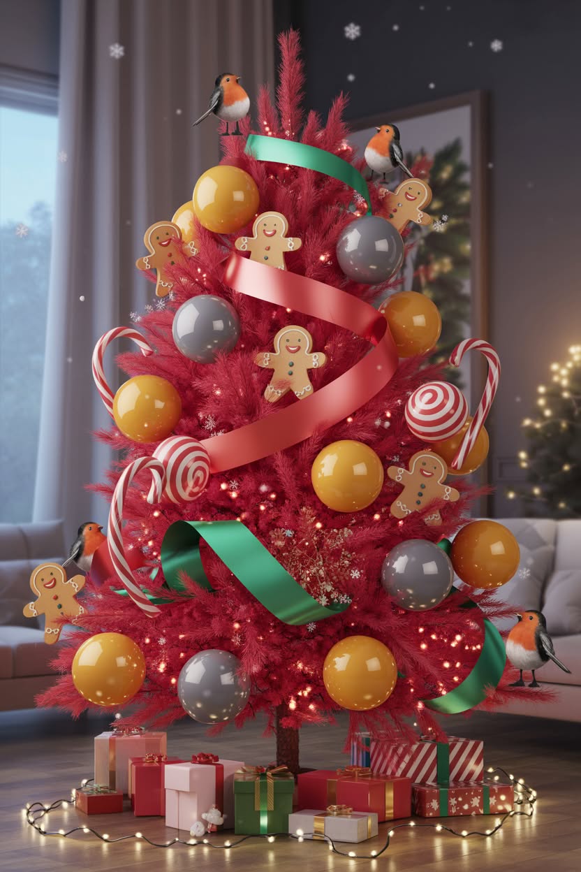 deep burgundy Christmas tree with luxurious velvet bows, golden bead garland, glossy ornaments and warm lighting creating an elegant holiday display