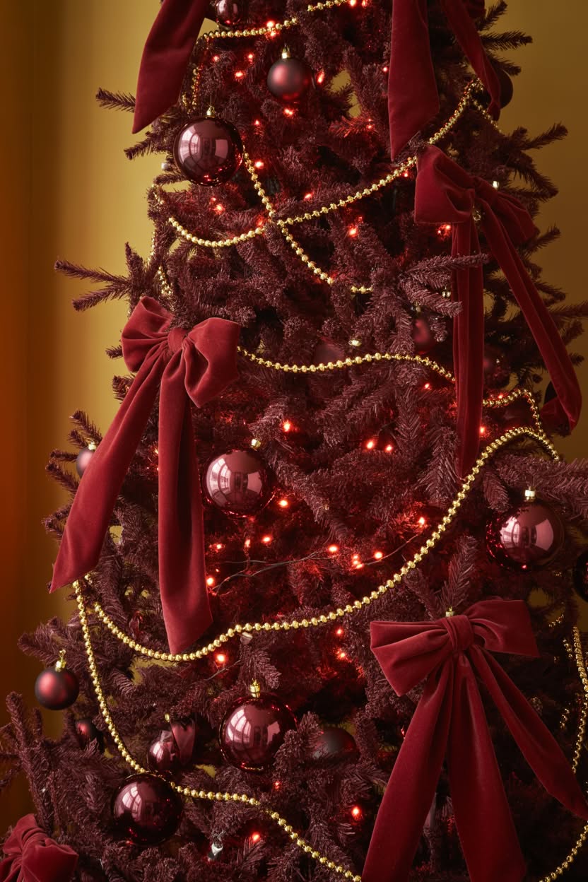 rustic Christmas tree decorated with red gingham bows, dried orange slices, cinnamon sticks, burlap ornaments, wooden stars and natural pine cones