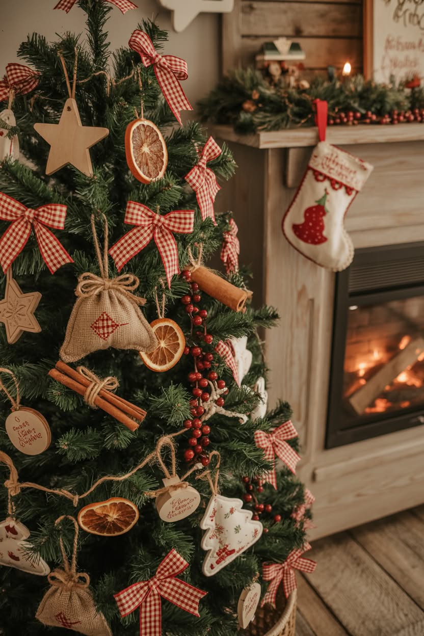 unique terracotta-colored Christmas tree decorated with macramé ornaments, dried flowers, pampas grass, eucalyptus and bohemian woven decorations