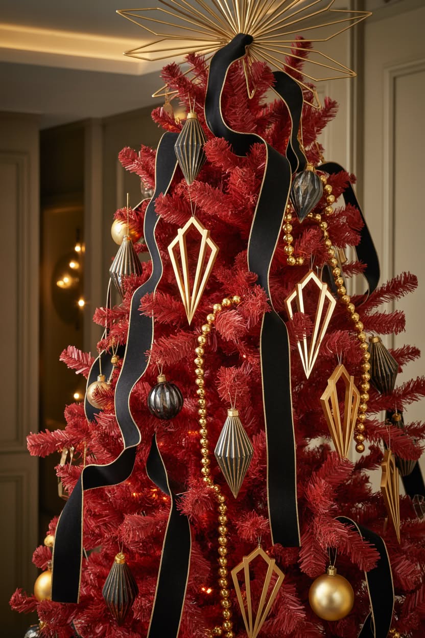 simple red Christmas tree with natural wooden ornaments, white baubles, minimalist star decorations and clean Scandinavian design aesthetic