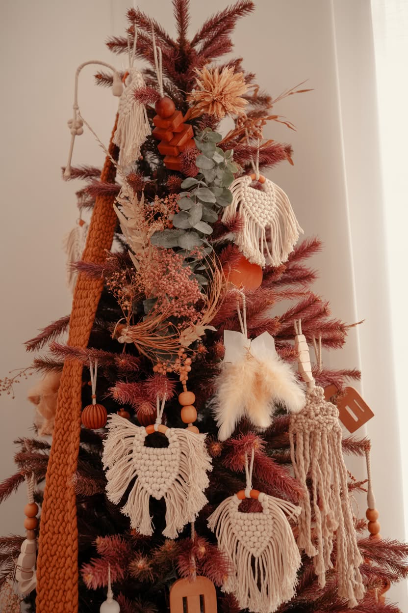 luxurious red Christmas tree with dramatic black ribbon, geometric gold ornaments, art deco designs and stunning golden star topper