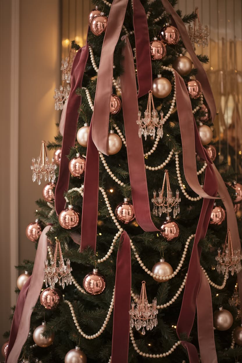 colorful vintage Christmas tree mixing red and teal branches with retro striped ornaments, pearl baubles and nostalgic mid-century decorations