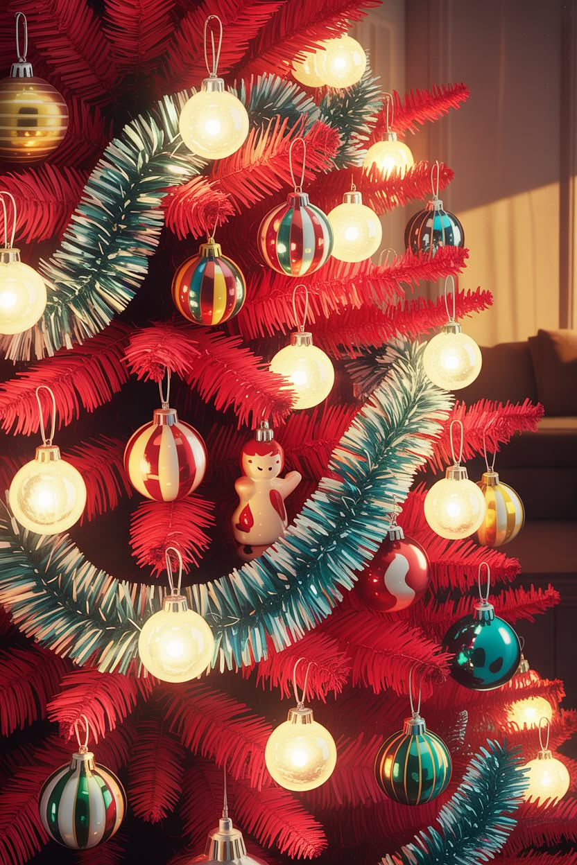 festive green Christmas tree wrapped with giant candy cane decorations, peppermint swirl ornaments and red and white striped ribbon garland