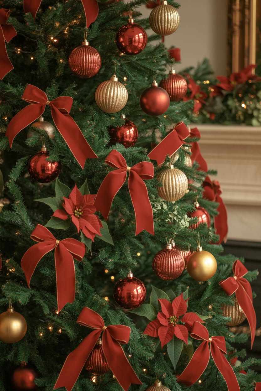contemporary geometric Christmas tree made of red triangular frames with metallic gold, silver and black ornamental spheres