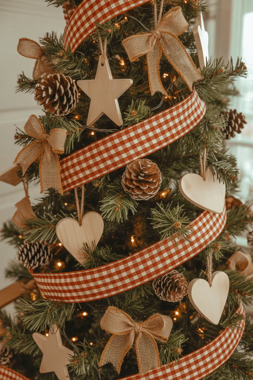 luxurious Christmas tree with flowing mauve and burgundy satin ribbons, rose gold ornaments, pearl garland and elegant crystal chandelier decorations