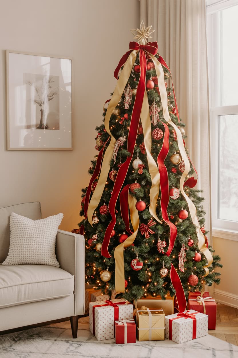 festive green Christmas tree decorated with flowing red and gold ribbons, glittery ornaments, red poinsettias and wrapped presents underneath