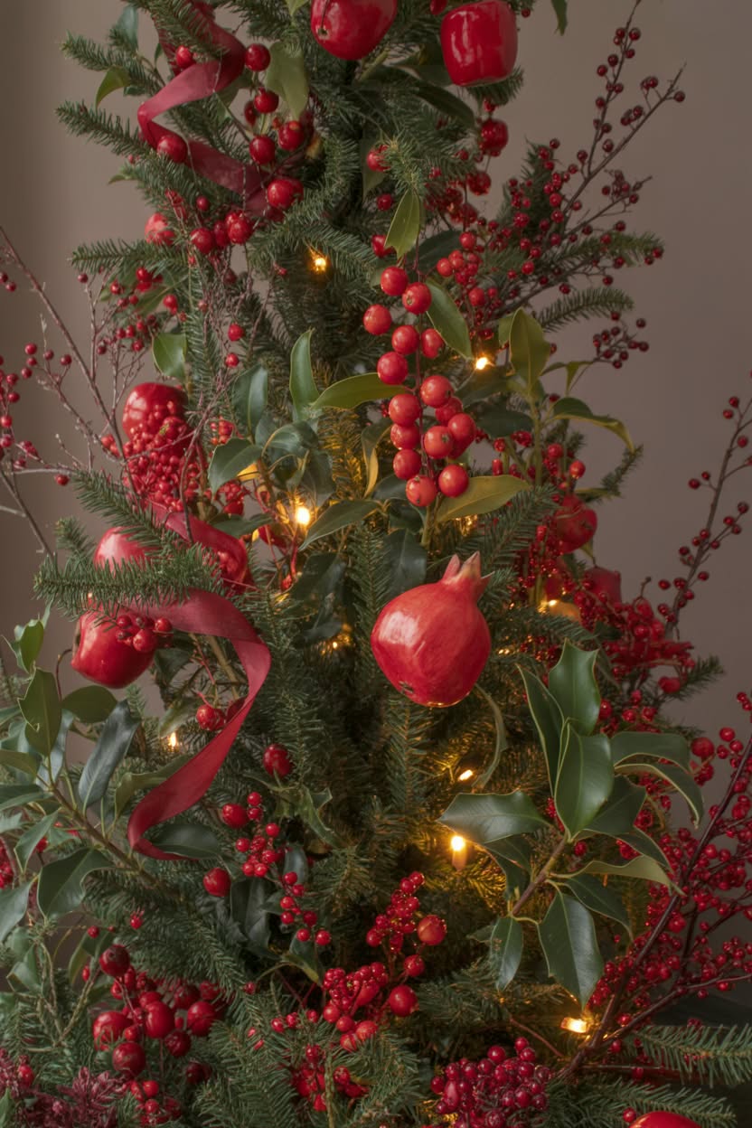 rustic Christmas tree adorned with real red berries, fresh pomegranates, eucalyptus leaves, burgundy ribbon and warm golden lights for a natural holiday look