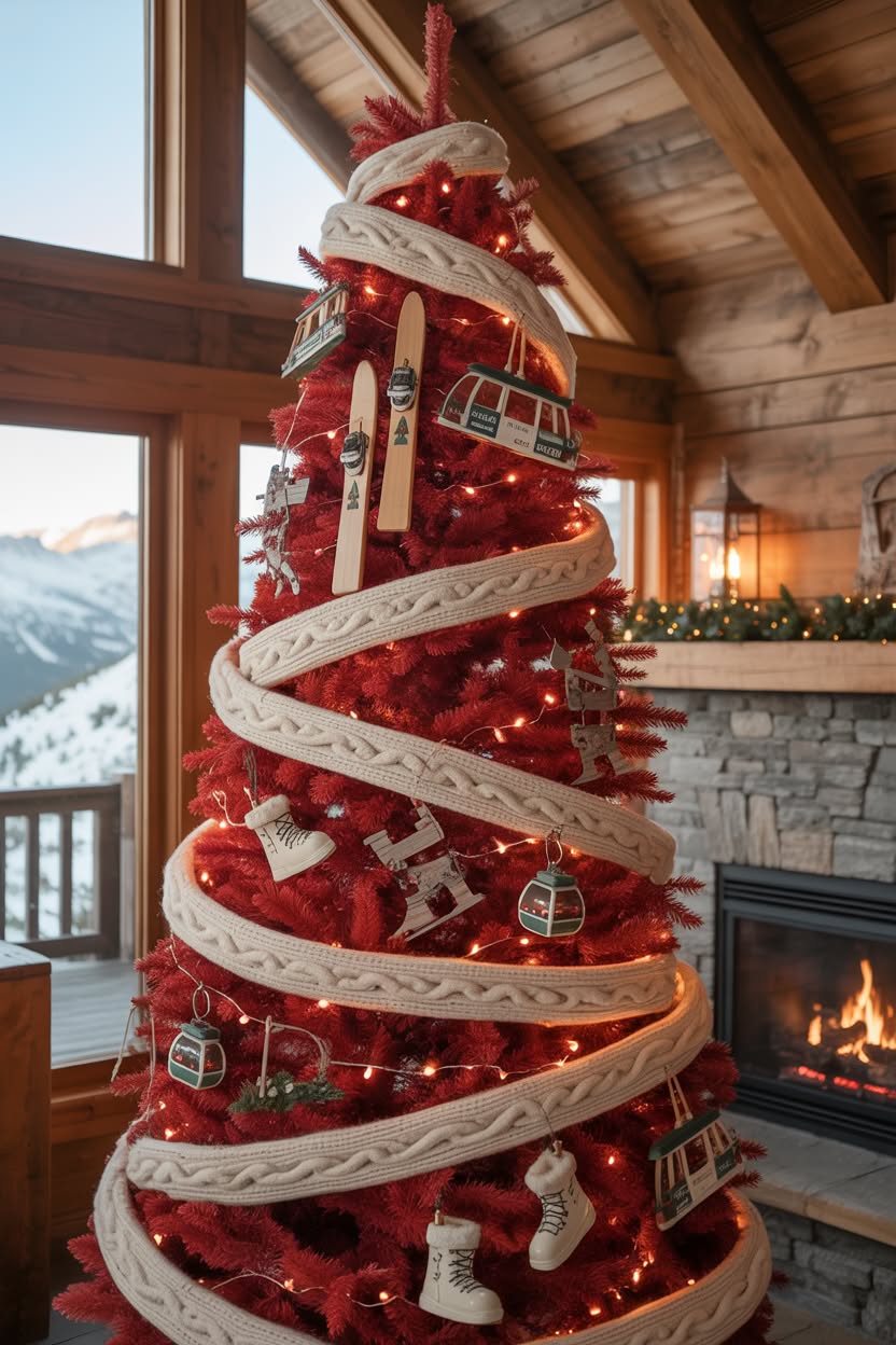 red frosted Christmas tree in rustic cabin decorated with vintage ski ornaments, cable knit garland, wooden skis, ice skates and gondola decorations