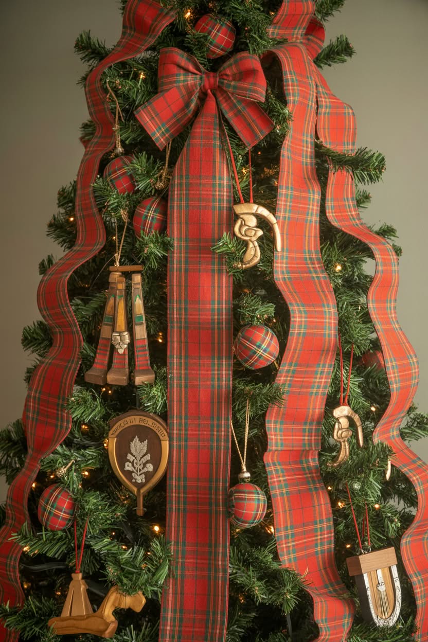 traditional green Christmas tree decorated with red tartan plaid ribbons, wooden ornaments, plaid ball decorations and rustic accents