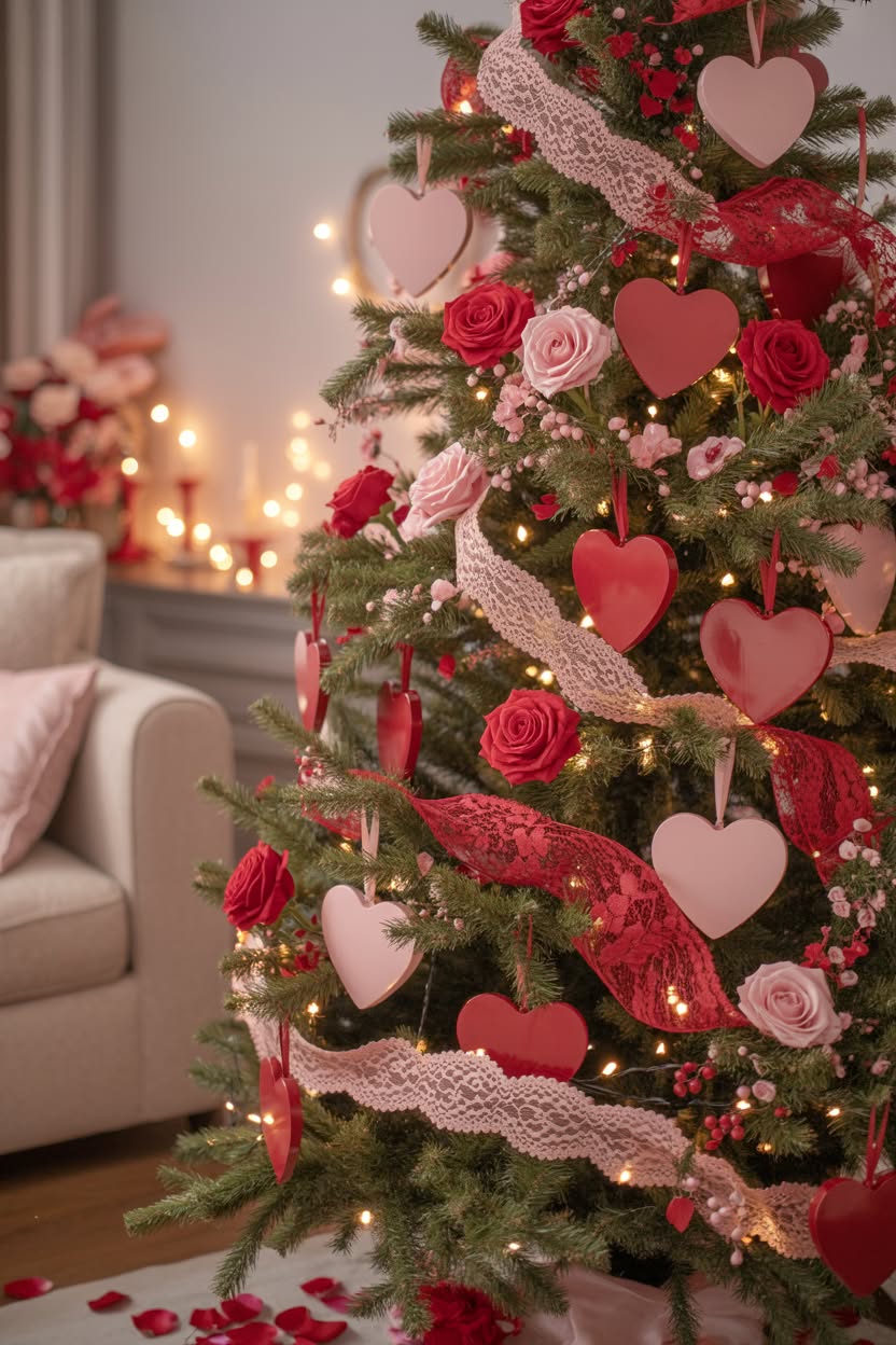 romantic Christmas tree decorated with fresh red and pink roses, heart ornaments, lace garland, pearl accents and soft lighting