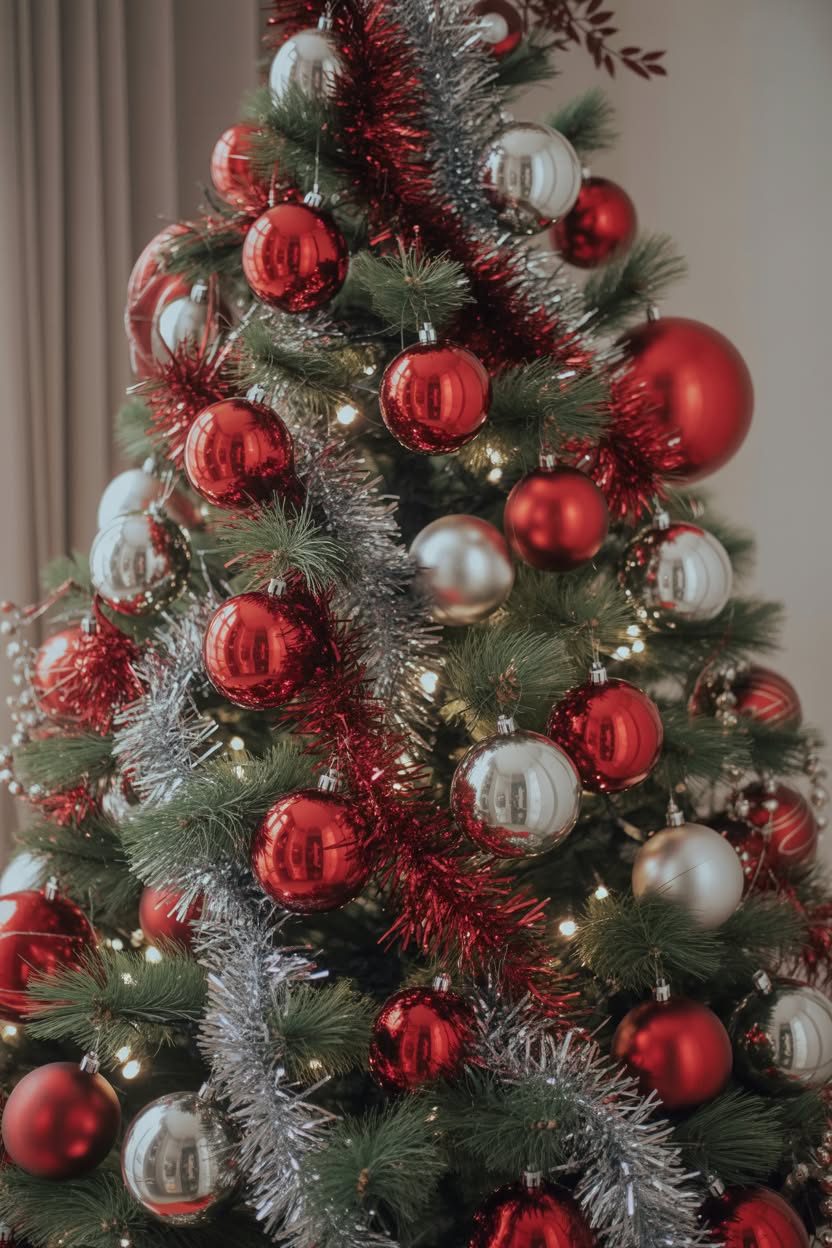 frosted Christmas tree with red and silver metallic ornaments, vintage tinsel garland, striped baubles creating a retro winter wonderland decoration