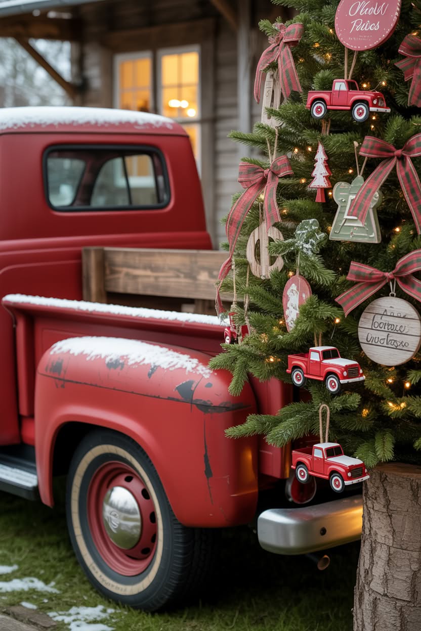 outdoor Christmas tree next to vintage red pickup truck decorated with plaid bows, wooden ornaments, red truck decorations and rustic farmhouse accents