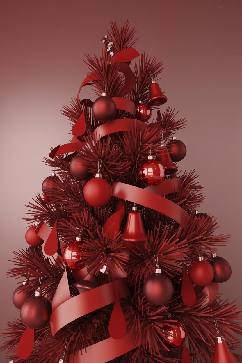 contemporary all-red Christmas tree with matching red ornaments, bells, palm fronds and ribbon against burgundy background creating a bold monochromatic statement
