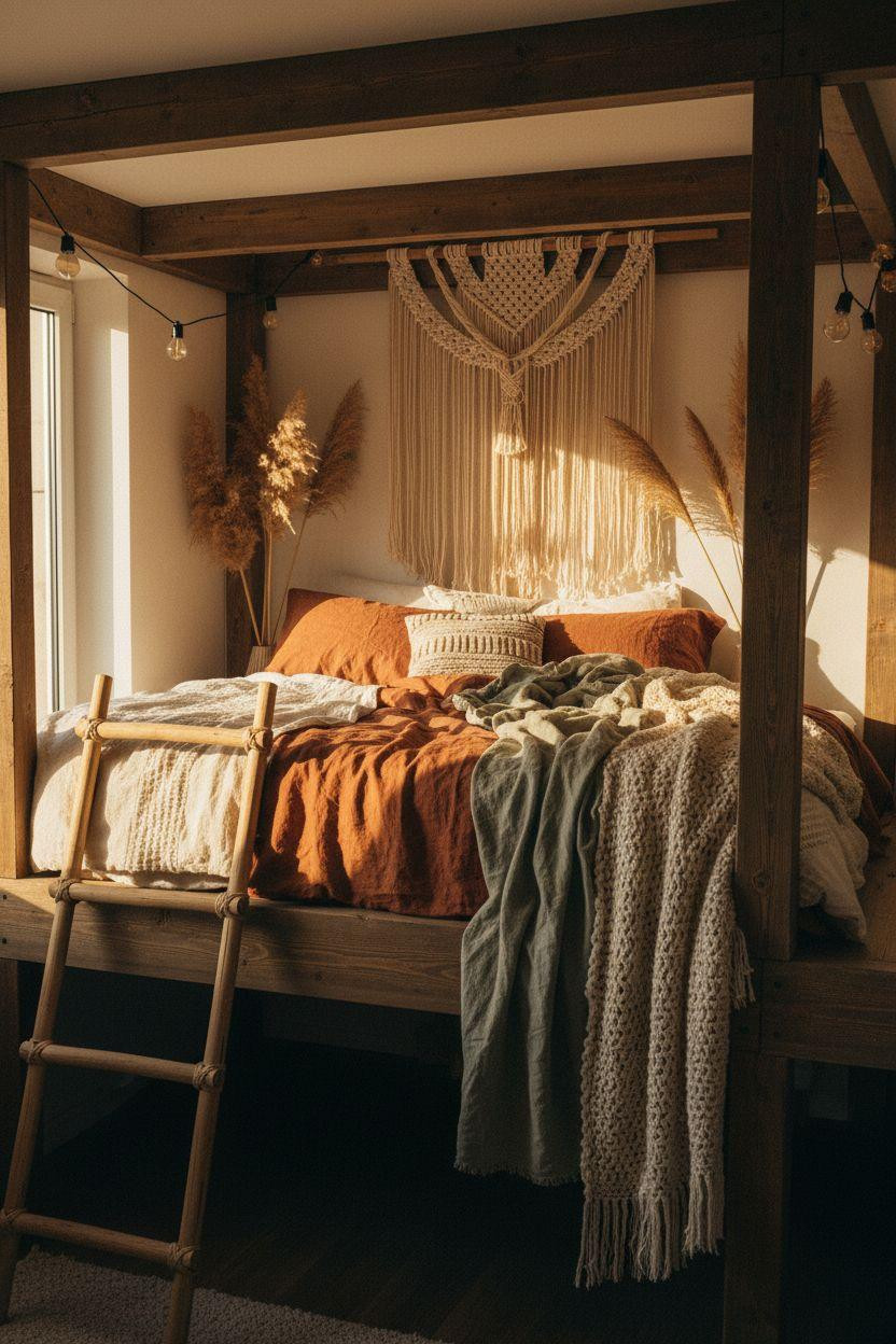 Loft Bed Decorating Ideas - bohemian loft bed with macramé and layered textiles