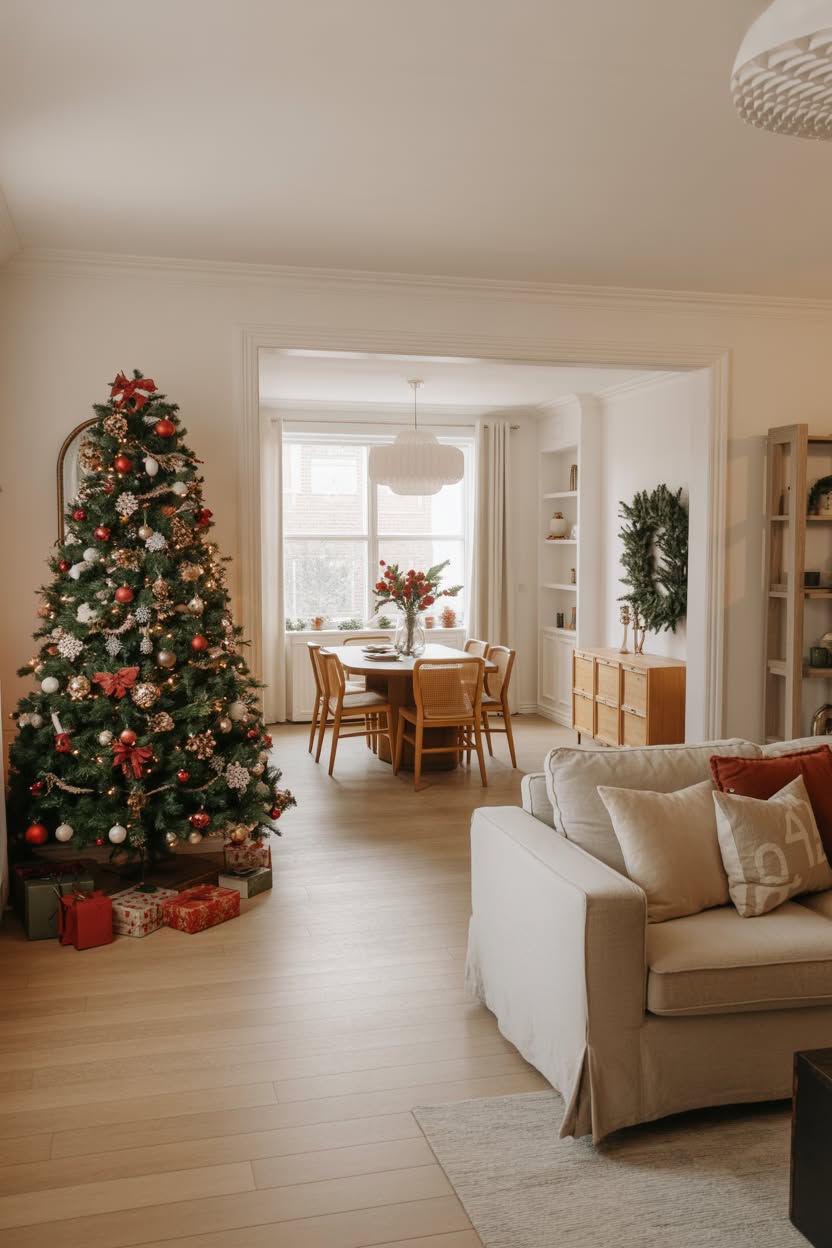 cozy neutral living room with traditional Christmas tree decorated with red and gold ornaments and wrapped gifts underneath