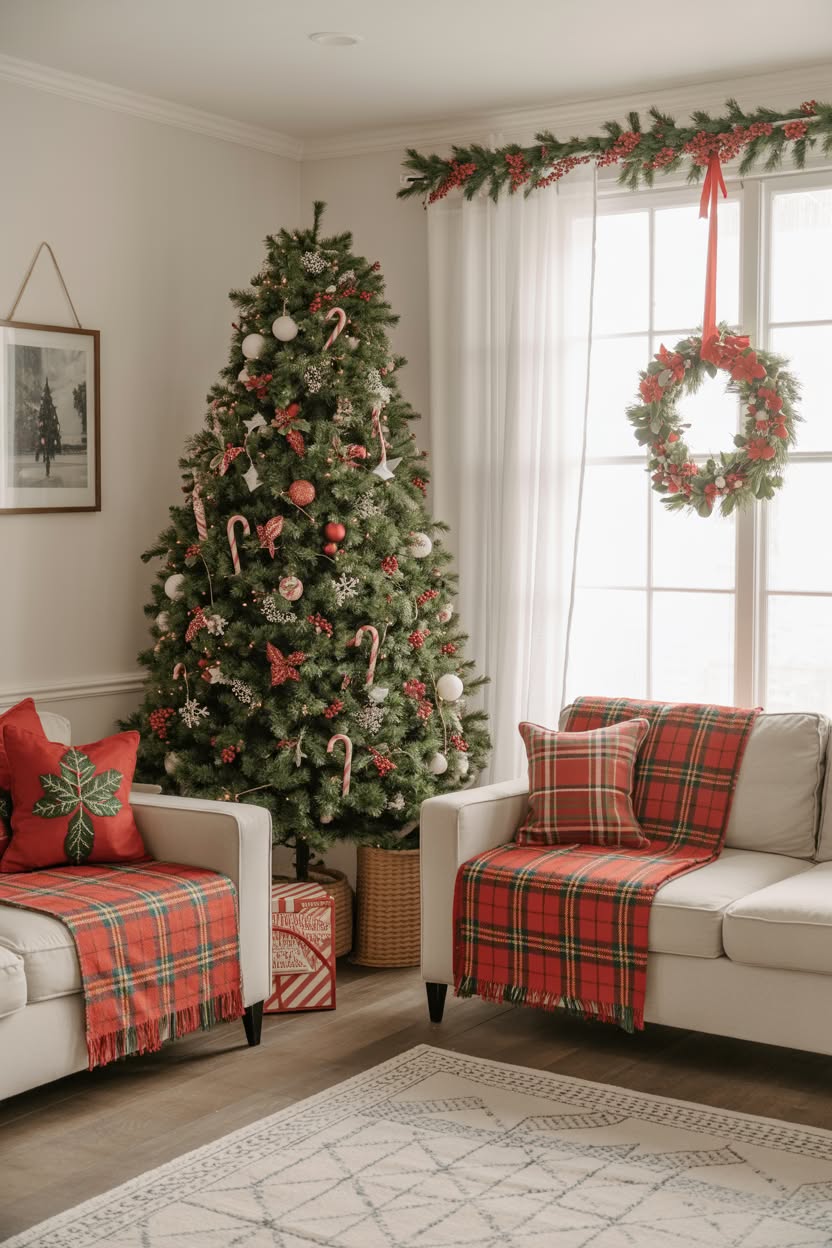 traditional Christmas living room with tree decorated in red white and candy canes festive wreath and plaid throw blankets