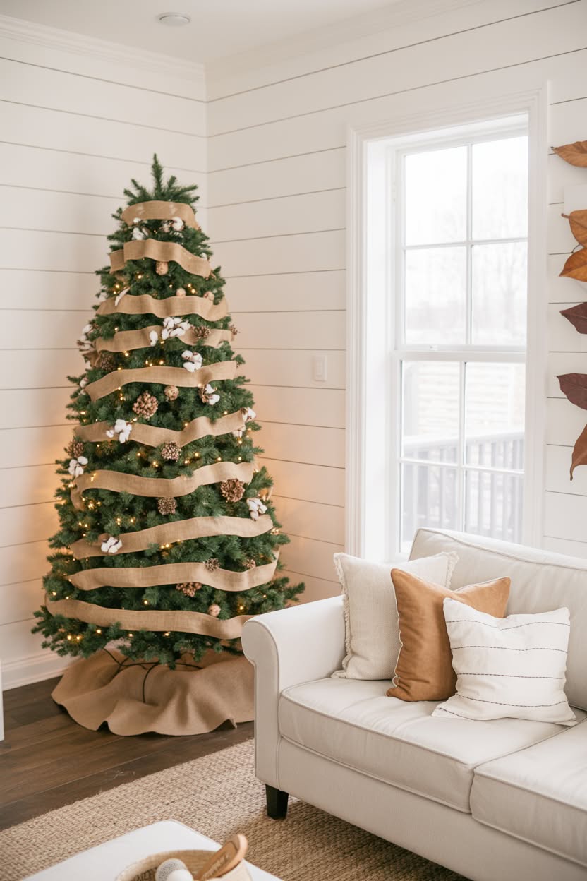 farmhouse style Christmas tree with burlap ribbon white lights pinecones and cotton accents against shiplap wall