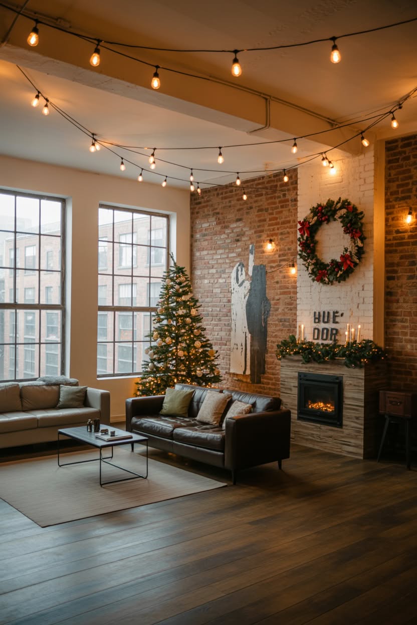 industrial loft living room with exposed brick walls string lights across ceiling Christmas tree and modern fireplace