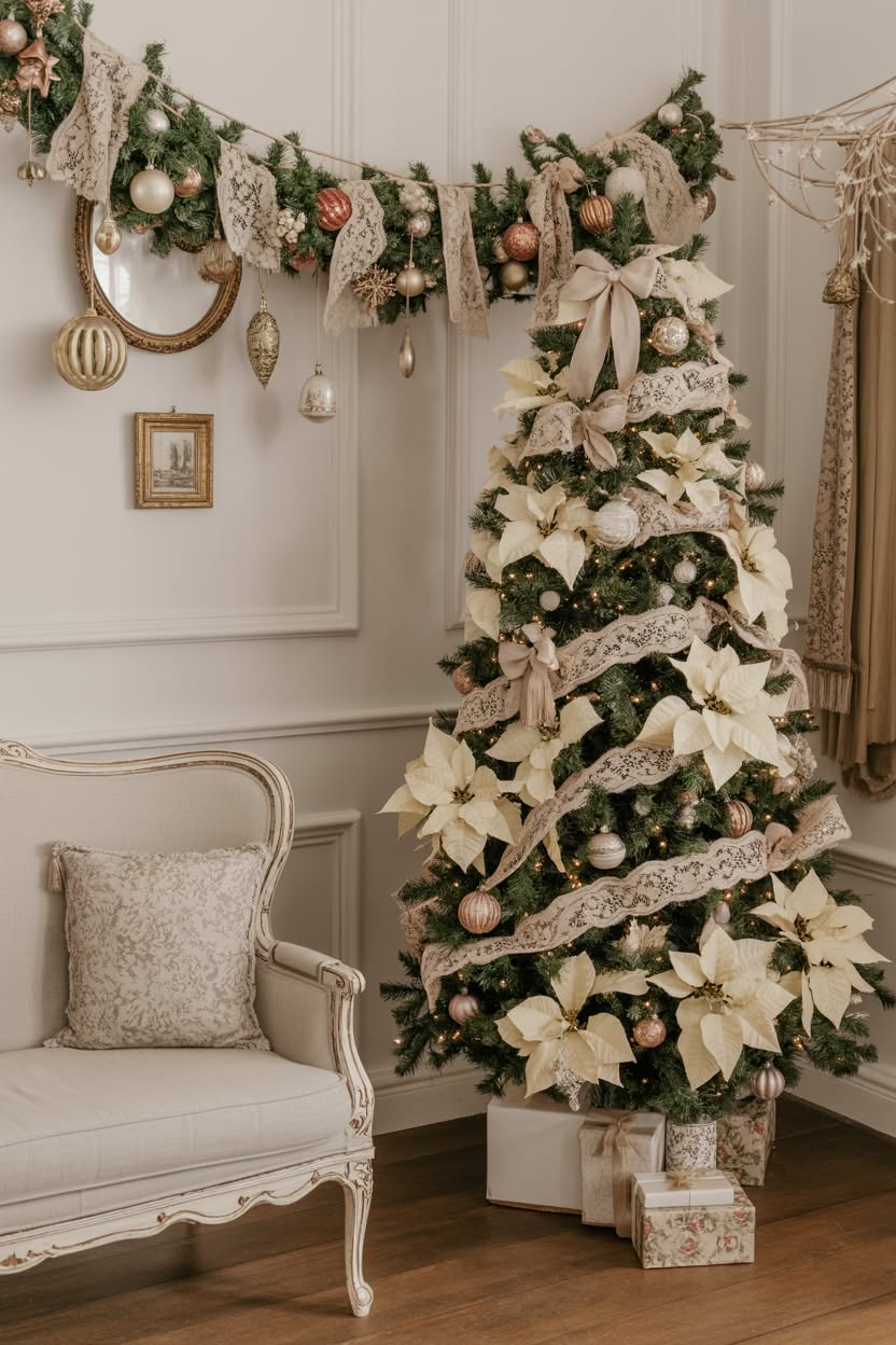 vintage style Christmas tree decorated with lace ribbon cream poinsettias gold ornaments and matching garland above