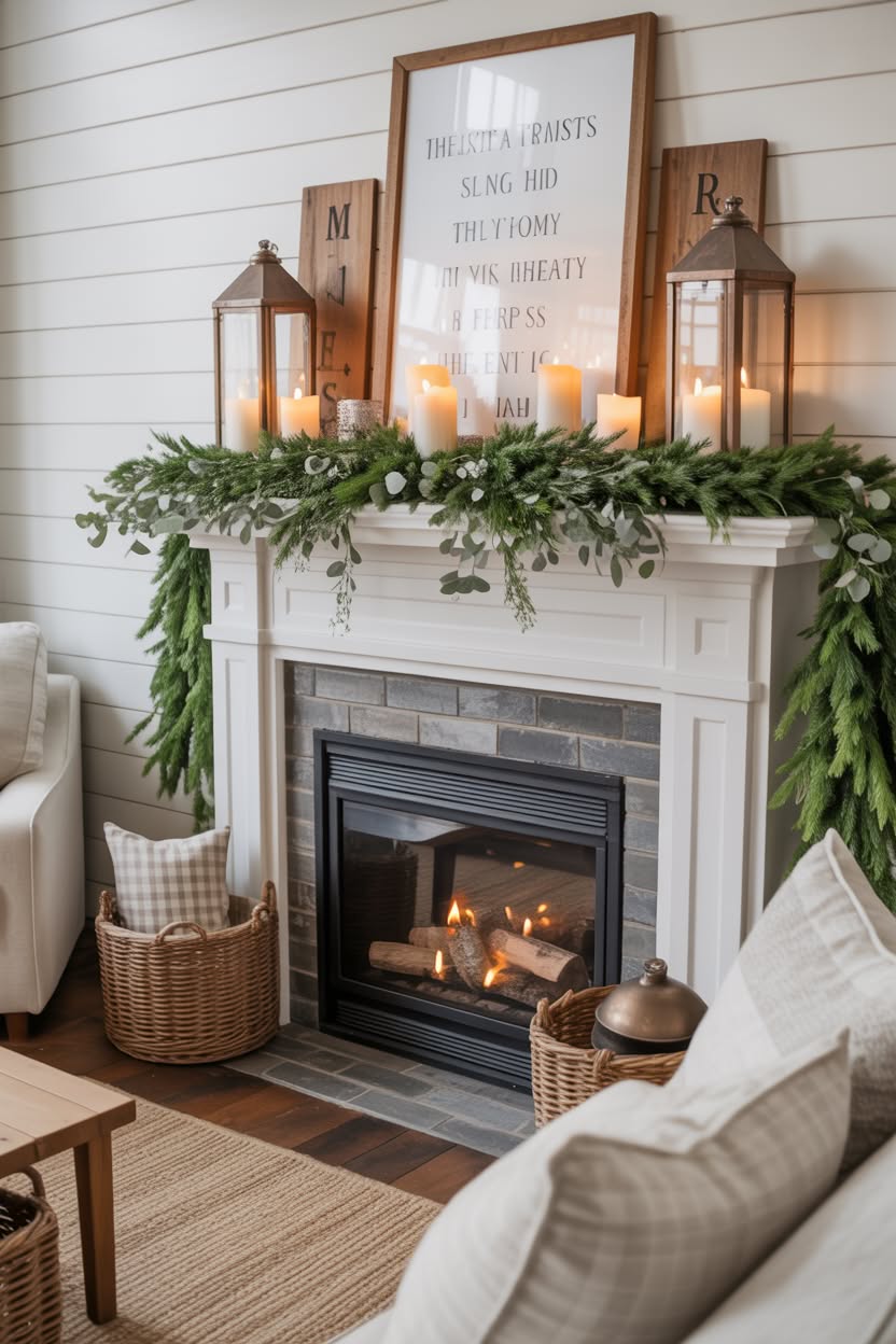 farmhouse Christmas fireplace decor with fresh garland lanterns with candles eucalyptus and shiplap wall
