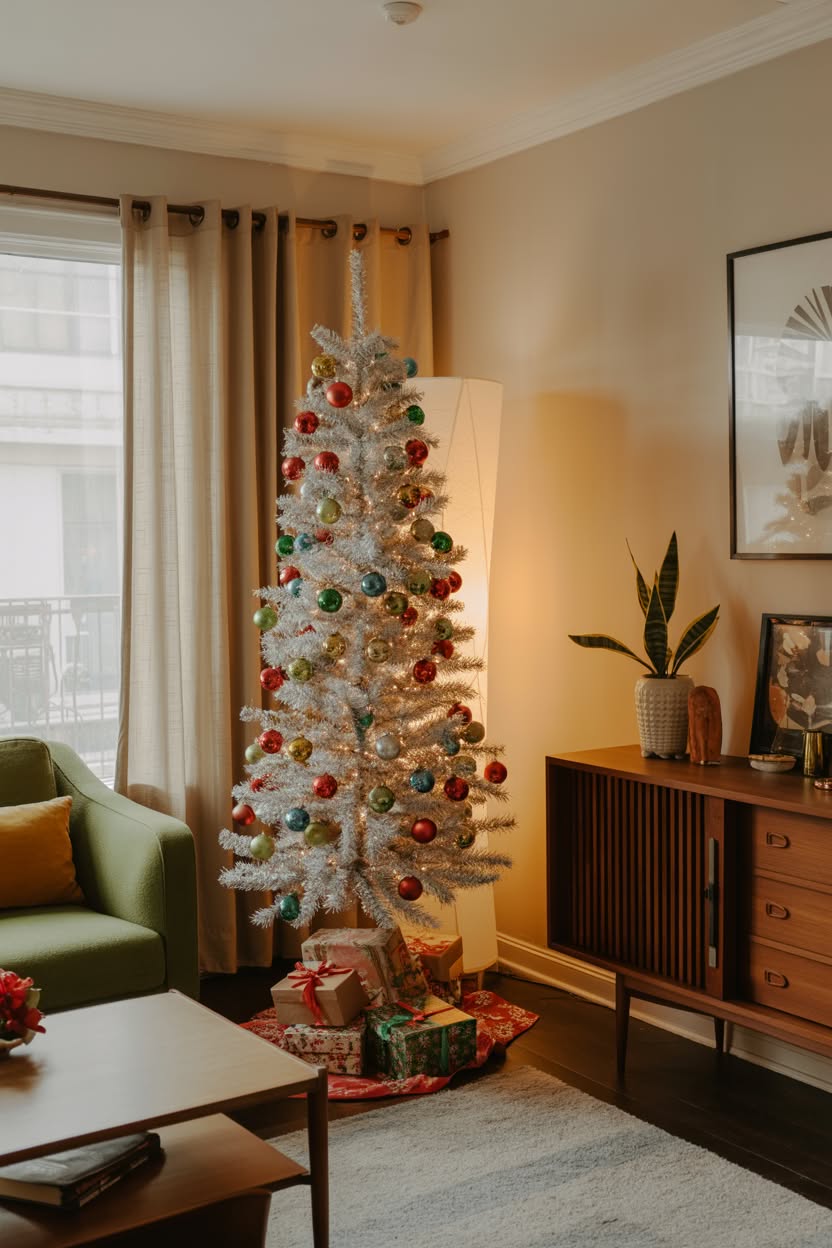mid century modern living room with slim white Christmas tree decorated with vintage colorful glass ornaments and retro furniture