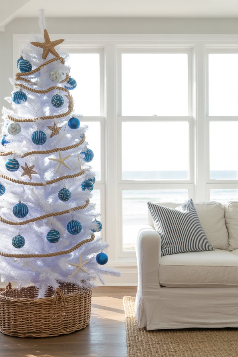 coastal themed white Christmas tree decorated with navy blue ornaments rope garland starfish and natural basket base
