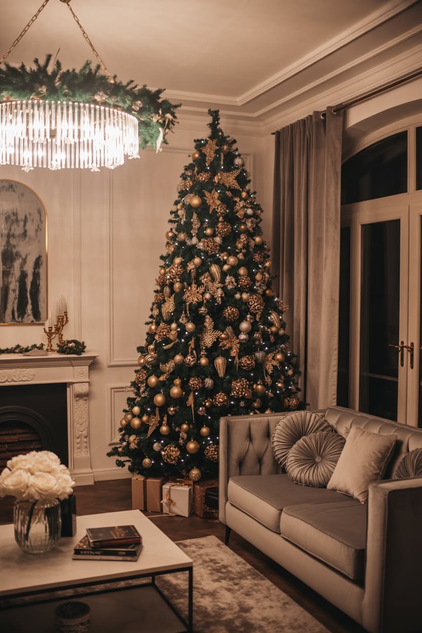 elegant living room with tall Christmas tree decorated in gold and bronze ornaments garland wrapped chandelier and luxurious furniture
