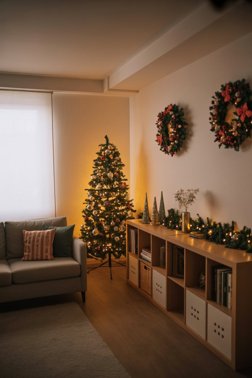 small apartment Christmas decor with corner tree festive wreaths on wall and cube storage decorated with garland and lights