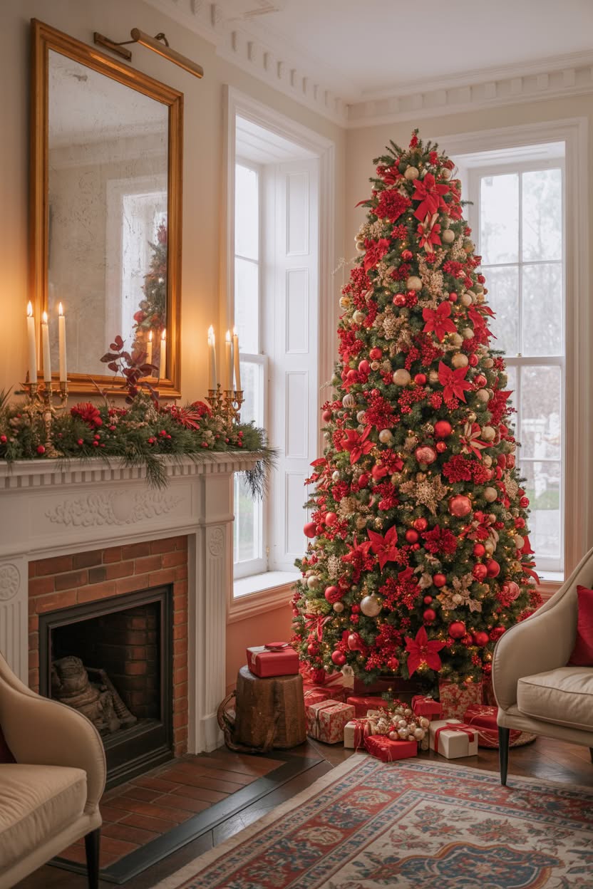 traditional Christmas living room with tall tree covered in red poinsettias gold ornaments and matching fireplace mantel decor