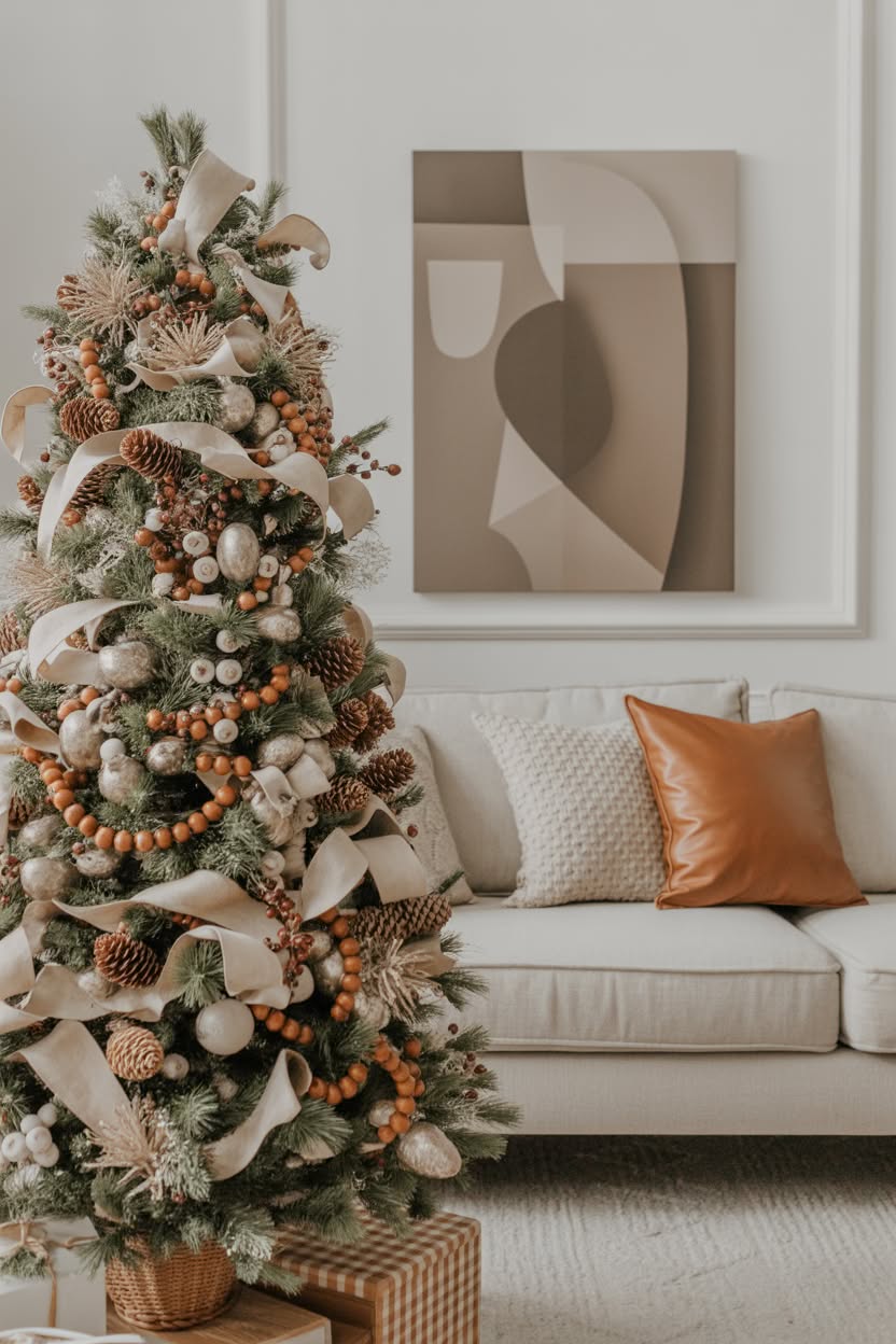 bohemian style Christmas tree decorated with natural elements wooden beads cream ribbons and pinecones next to neutral sofa