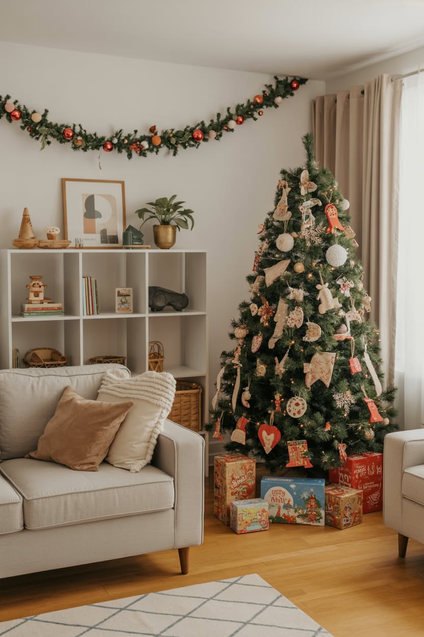 cozy family living room with Christmas tree decorated with handmade ornaments festive garland and vintage wrapped presents