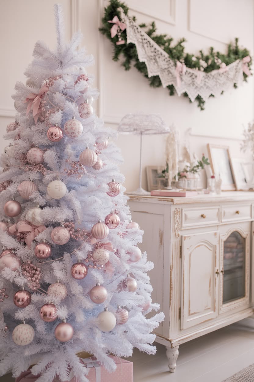 white flocked Christmas tree decorated with rose gold and blush pink ornaments next to vintage white cabinet with Christmas fireplace decor