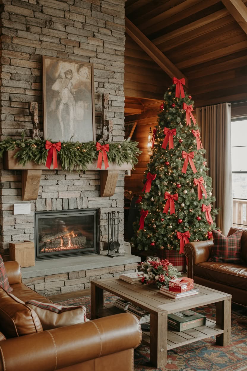rustic living room with stone fireplace decorated with fresh garland red bows and tall Christmas tree with traditional ornaments
