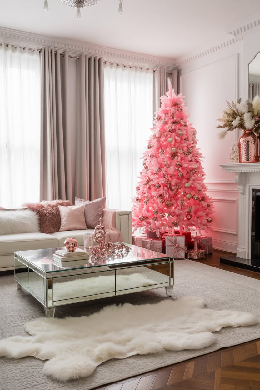 luxurious pink themed living room with hot pink Christmas tree mirrored coffee table and elegant wrapped presents