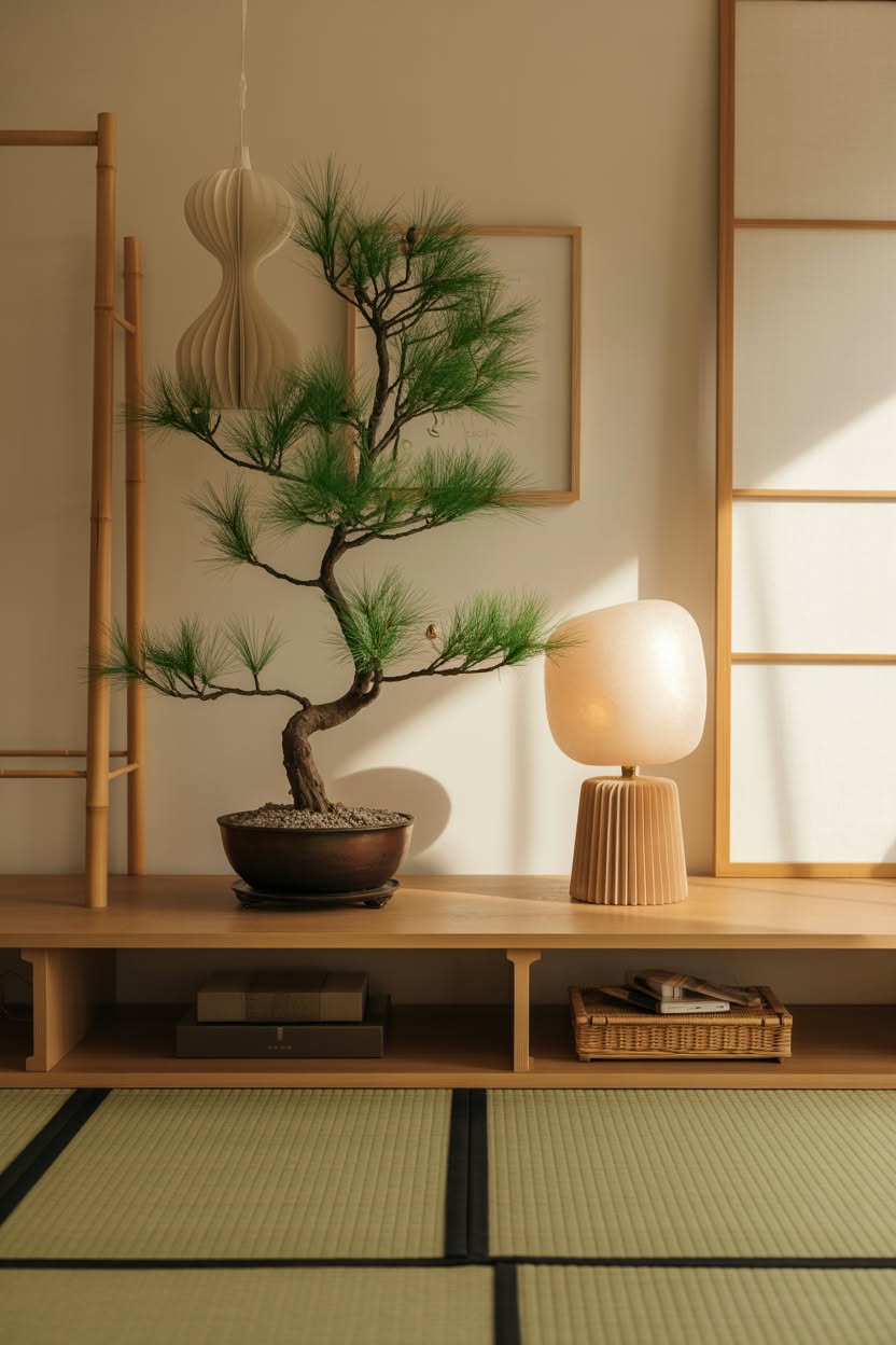Japanese inspired minimalist Christmas decor with bonsai tree sculptural ornaments and natural wood shelving
