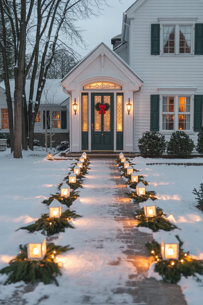 elegant white house entrance with glowing lanterns and evergreen garland lining snowy walkway at dusk with wreath on door