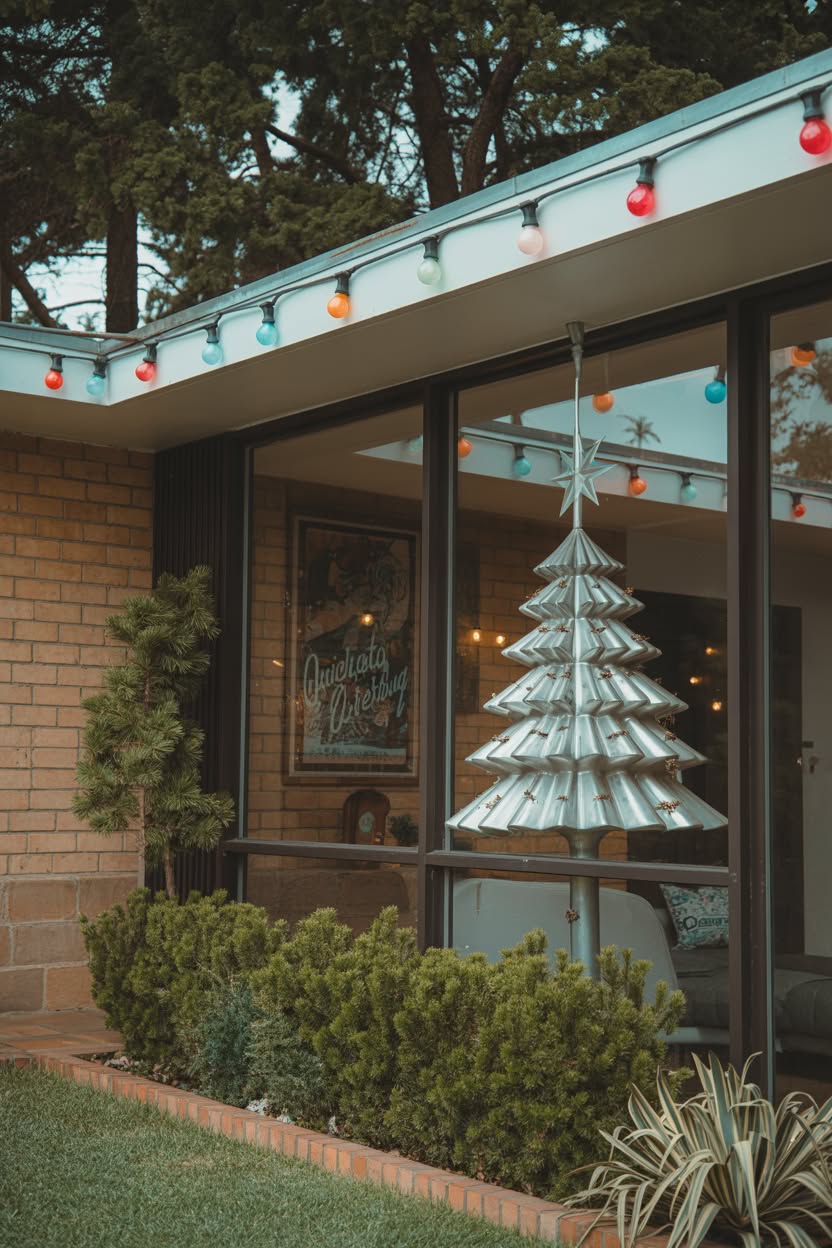 mid century modern home with colorful globe lights on roofline and geometric metal christmas tree in window