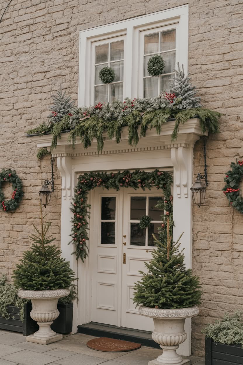 elegant stone facade entrance with matching potted evergreen trees fresh garland and boxwood wreaths flanking white door